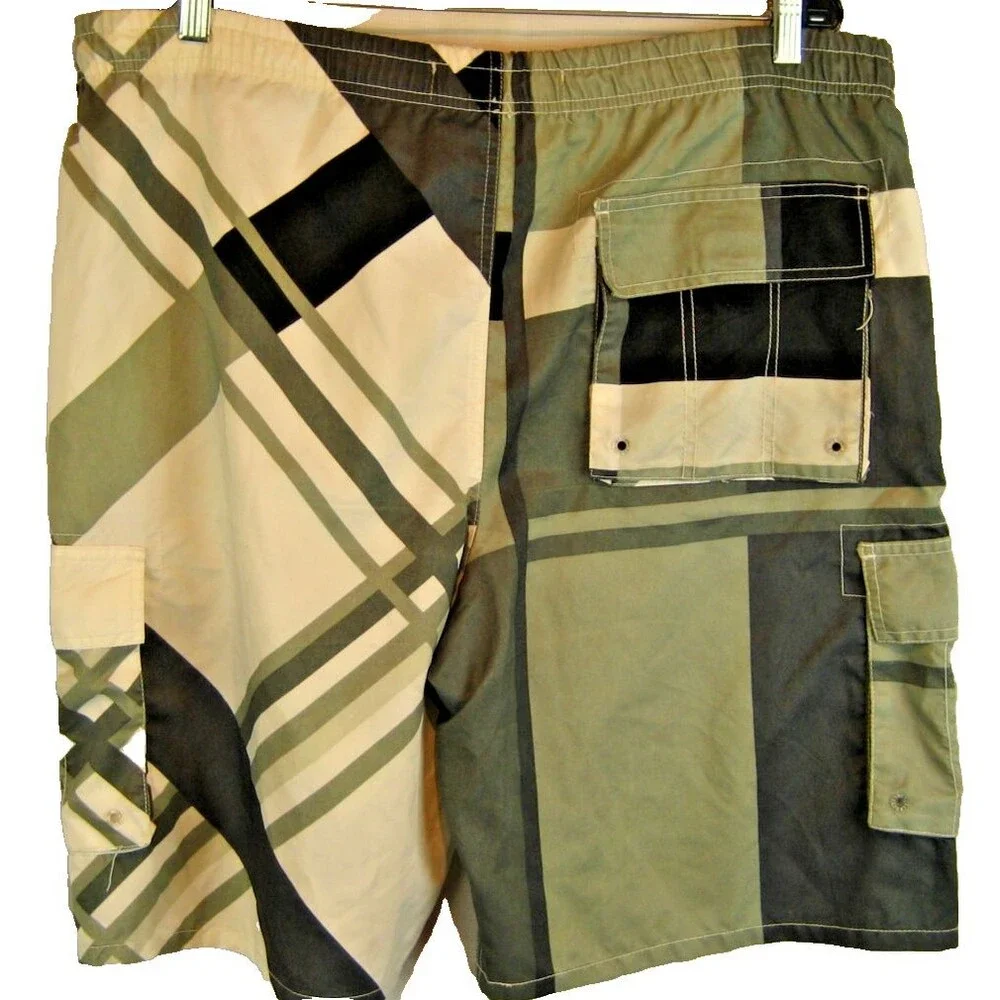 Mens Ocean Blue Gray Checked 3 Pocket Nylon Board Swim Surf Shorts sz XL(40x10)